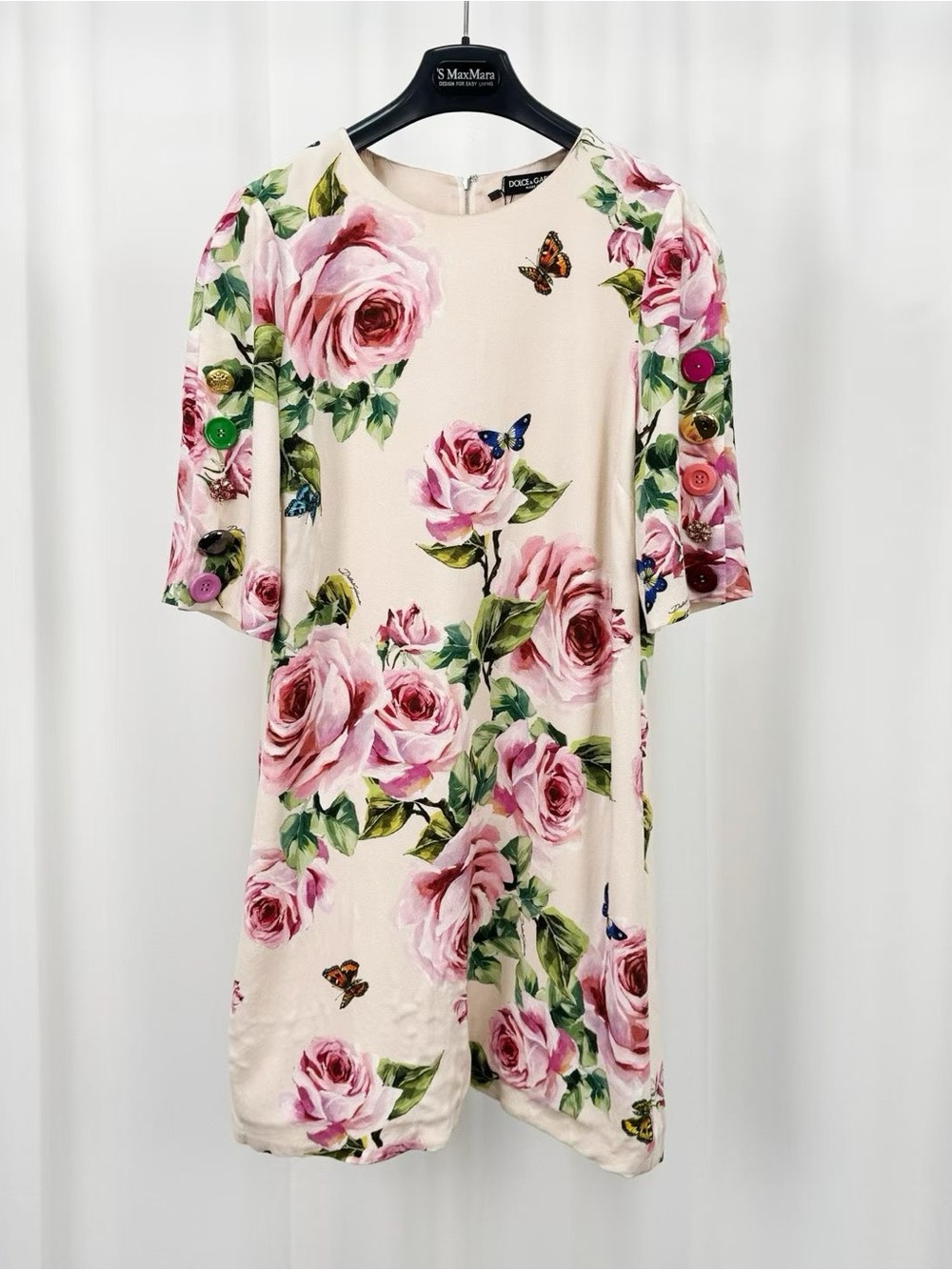 Dolce & Gabbana Cream Mini Dress with Pink Rose Print